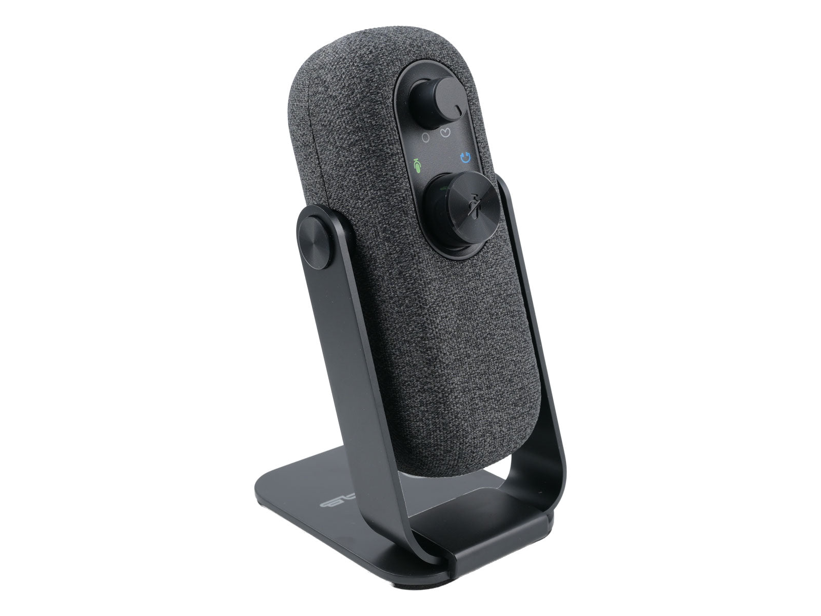 JLab Go Talk USB Microphone von links zu sehen steht auf einem schwarzen Sockel ein graues, mit Stoff überzogenes Mikrofon mit zwei Bedienknöpfen und Kontrollleuchten. „JLAB“ ist auf der Basis aufgedruckt und auf einem hellen Hintergrund positioniert.