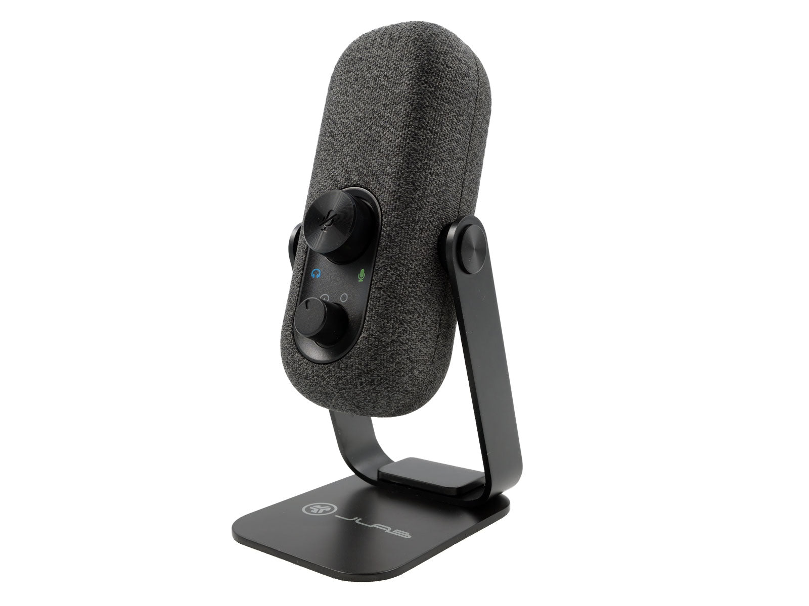 JLab Go Talk USB Microphone Auf einem schwarzen Sockel steht ein graues, mit Stoff überzogenes Mikrofon mit zwei Bedienknöpfen und Kontrollleuchten. „JLAB“ ist auf der Basis aufgedruckt und auf einem hellen Hintergrund positioniert.