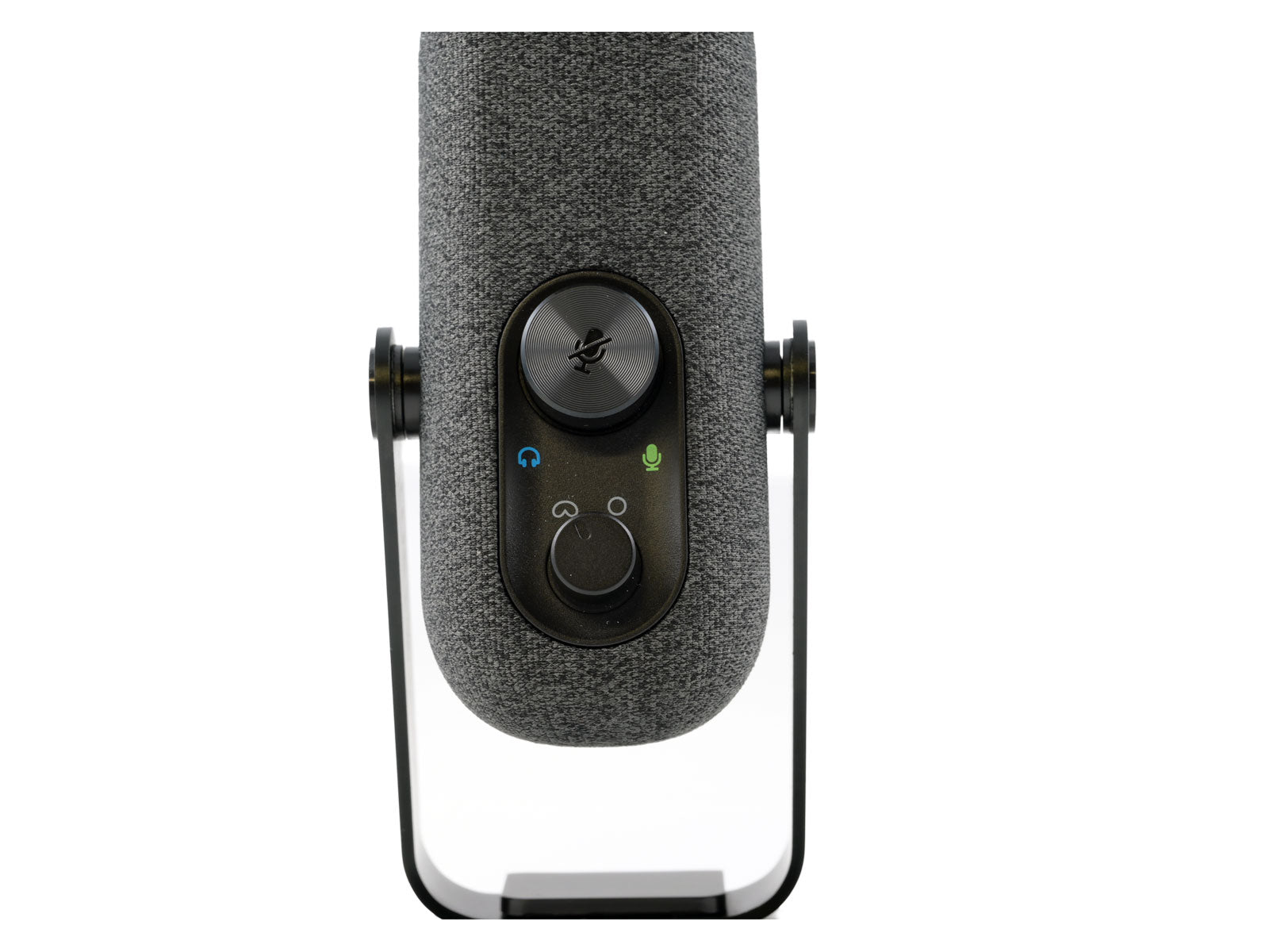 JLab Go Talk USB Microphone Auf einer schwarzen Halterung steht vor weißem Hintergrund ein graues, zylindrisches/ovales Mikrofon mit Lautstärkeregler und Stummschalttaste.